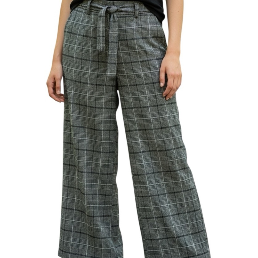 HOT KISS Pants Wide Leg Trousers Black Gray Plaid Size 5 Flat Front Tie Belt - Picture 17 of 17